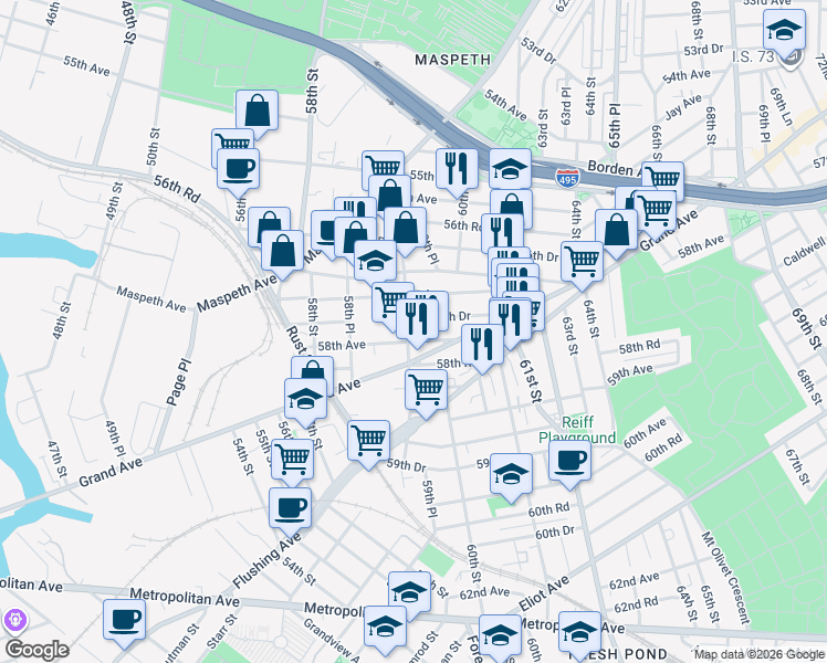 map of restaurants, bars, coffee shops, grocery stores, and more near 5730 59th Street in Queens