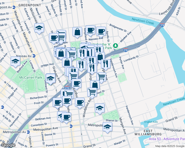map of restaurants, bars, coffee shops, grocery stores, and more near 150 Kingsland Avenue in Brooklyn