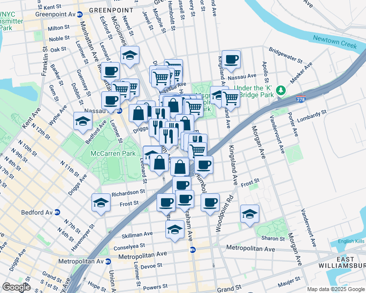 map of restaurants, bars, coffee shops, grocery stores, and more near 38 Broome Street in Brooklyn