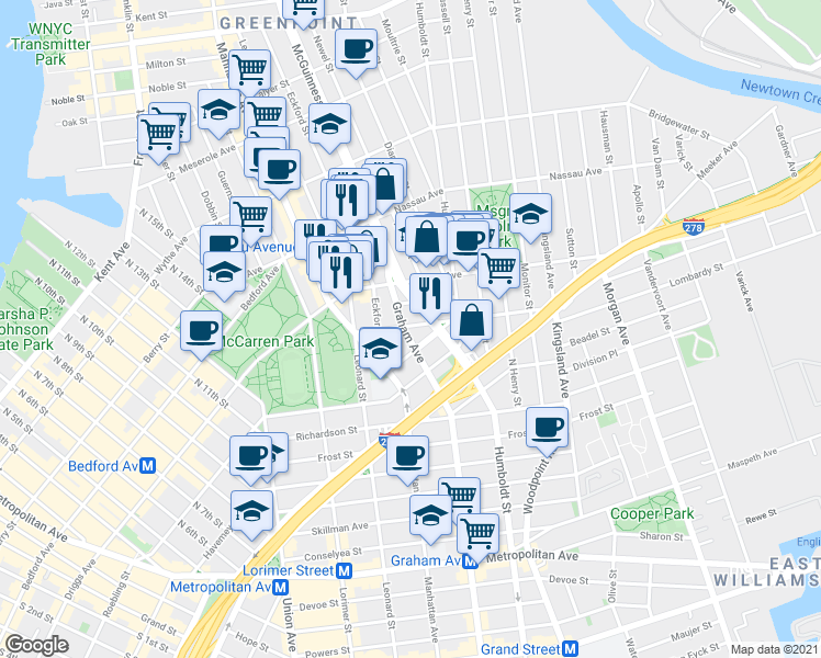 map of restaurants, bars, coffee shops, grocery stores, and more near 4 Broome Street in Brooklyn