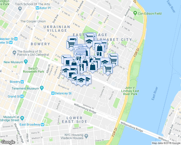 map of restaurants, bars, coffee shops, grocery stores, and more near 242 East 3rd Street in New York