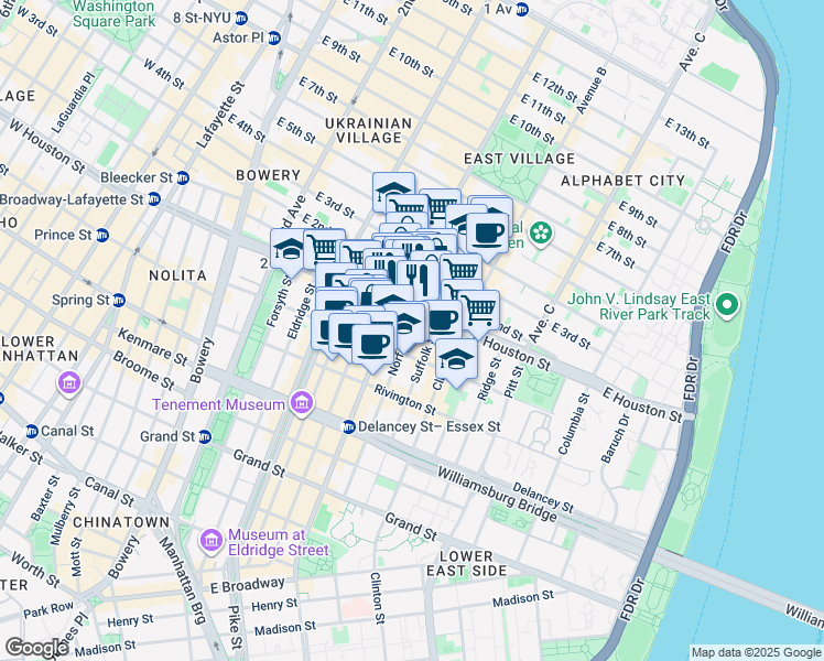 map of restaurants, bars, coffee shops, grocery stores, and more near 11 A Avenue in New York
