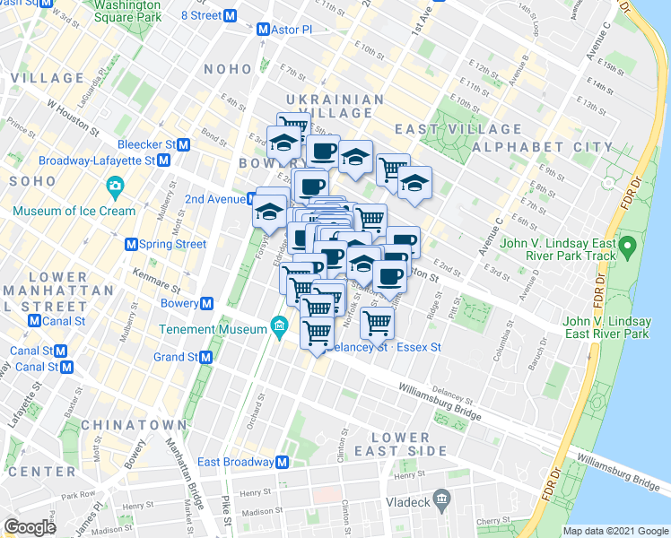 map of restaurants, bars, coffee shops, grocery stores, and more near 179 Ludlow Street in New York