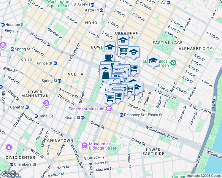 map of restaurants, bars, coffee shops, grocery stores, and more near 177 East Houston Street in New York
