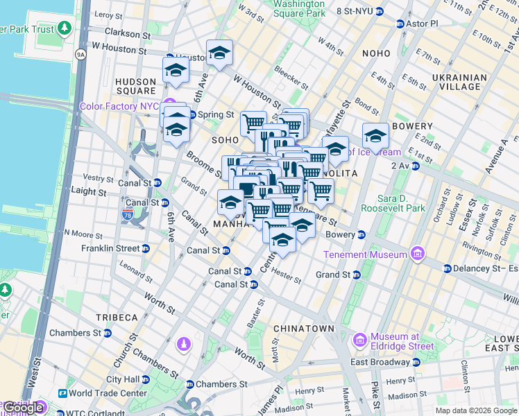 map of restaurants, bars, coffee shops, grocery stores, and more near 494 Broadway in New York