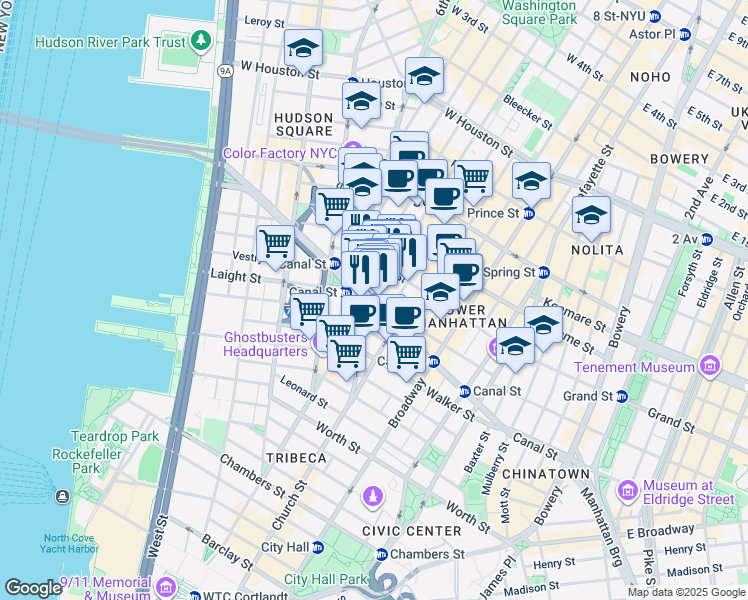 map of restaurants, bars, coffee shops, grocery stores, and more near 323 West Broadway in New York