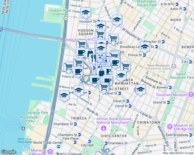 map of restaurants, bars, coffee shops, grocery stores, and more near 27 Grand Street in New York