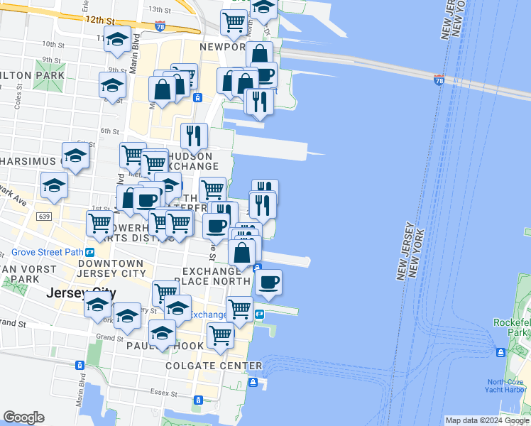 map of restaurants, bars, coffee shops, grocery stores, and more near 20 2nd Street in Jersey City