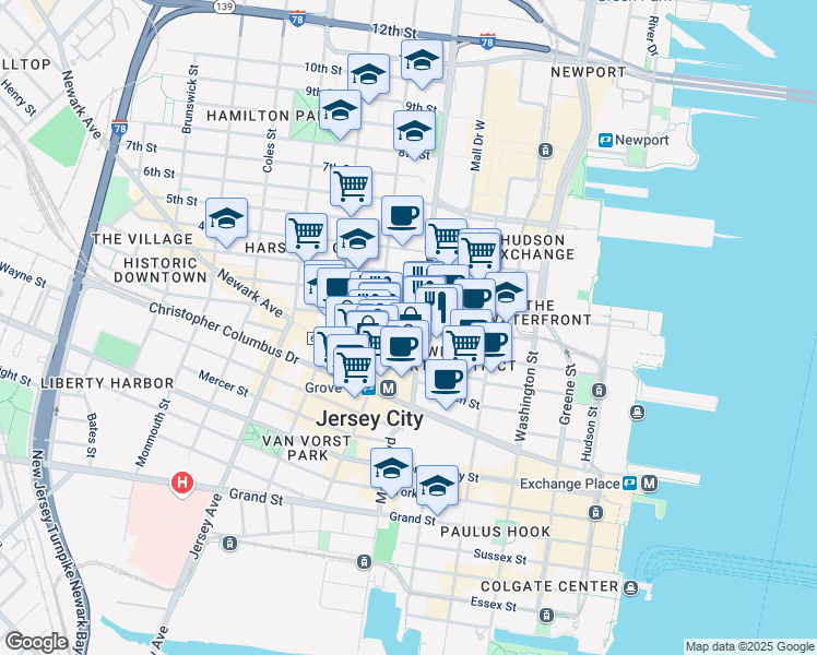 map of restaurants, bars, coffee shops, grocery stores, and more near 364 Marin Boulevard in Jersey City