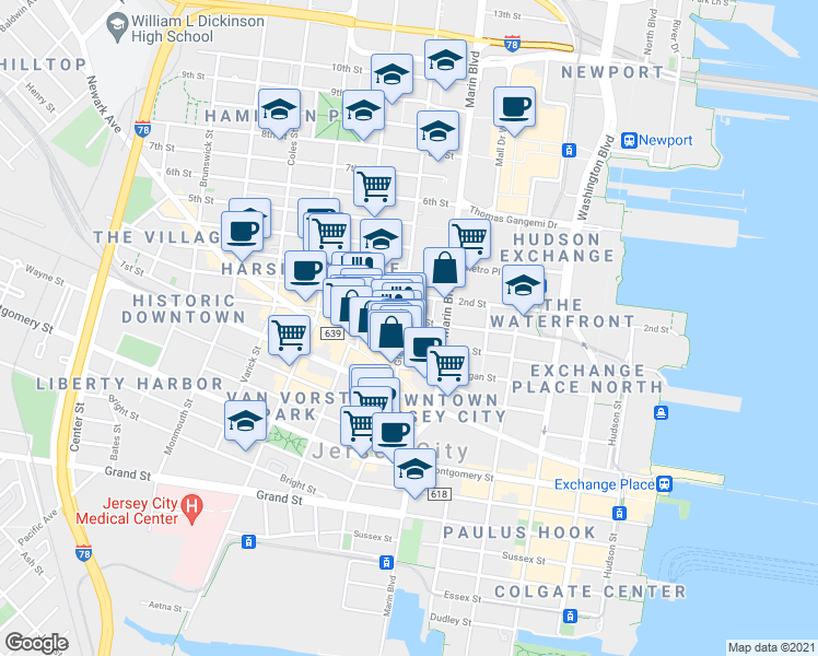 map of restaurants, bars, coffee shops, grocery stores, and more near 373 Manila Avenue in Jersey City