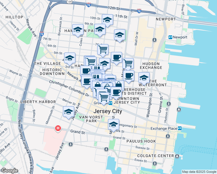 map of restaurants, bars, coffee shops, grocery stores, and more near in Jersey City