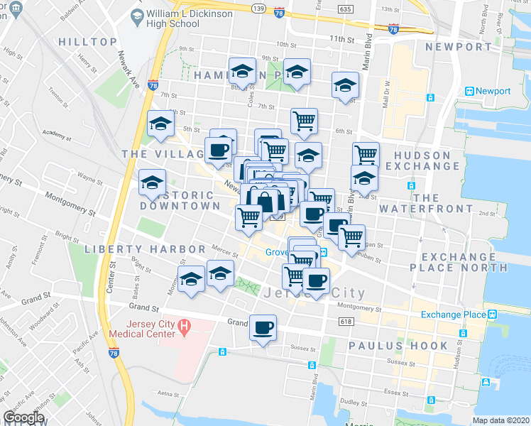 map of restaurants, bars, coffee shops, grocery stores, and more near 547 Jersey Avenue in Jersey City