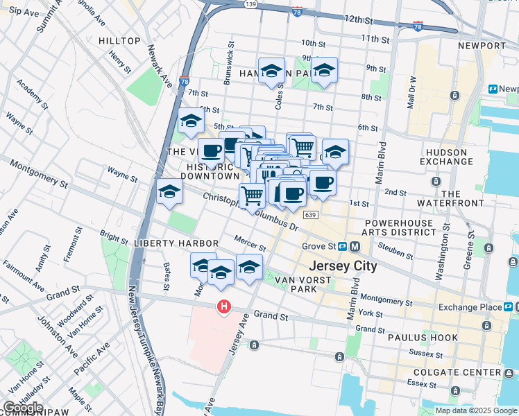 map of restaurants, bars, coffee shops, grocery stores, and more near 240 County Road 639 in Jersey City