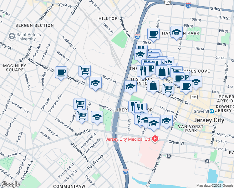 map of restaurants, bars, coffee shops, grocery stores, and more near 20 Christopher Columbus Drive in Jersey City