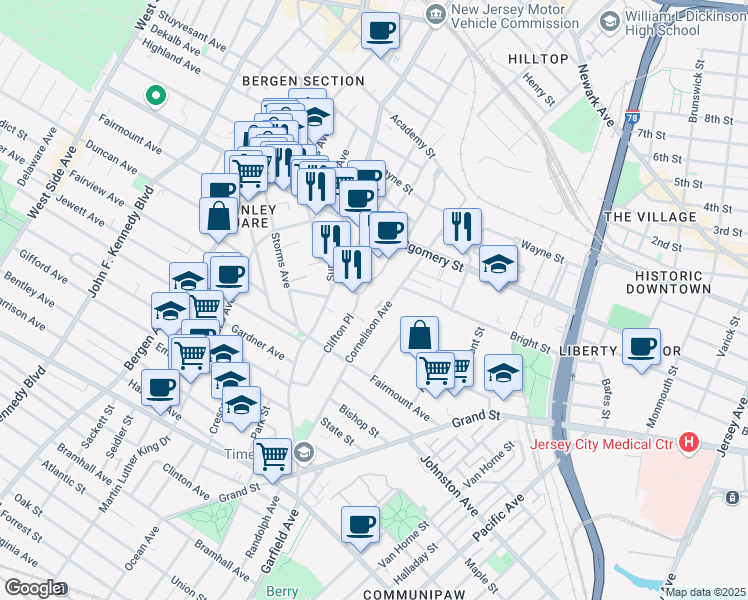 map of restaurants, bars, coffee shops, grocery stores, and more near 126 Beacon Way in Jersey City