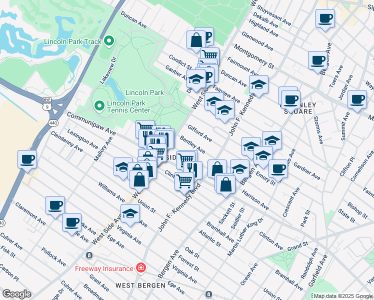 map of restaurants, bars, coffee shops, grocery stores, and more near 128 Bentley Avenue in Jersey City
