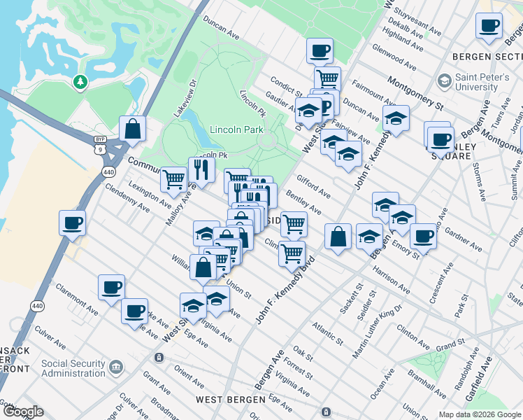 map of restaurants, bars, coffee shops, grocery stores, and more near 19 Delaware Avenue in Jersey City
