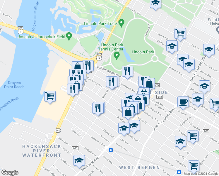 map of restaurants, bars, coffee shops, grocery stores, and more near 255 Lexington Avenue in Jersey City