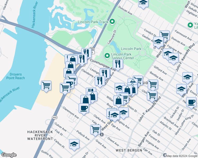 map of restaurants, bars, coffee shops, grocery stores, and more near 259 Lexington Avenue in Jersey City
