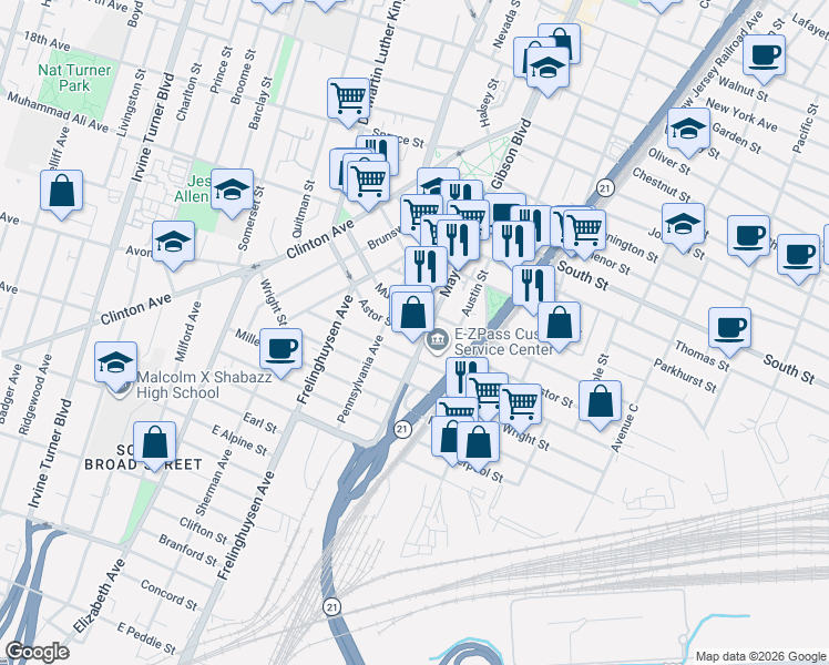 map of restaurants, bars, coffee shops, grocery stores, and more near 79 Murray Street in Newark