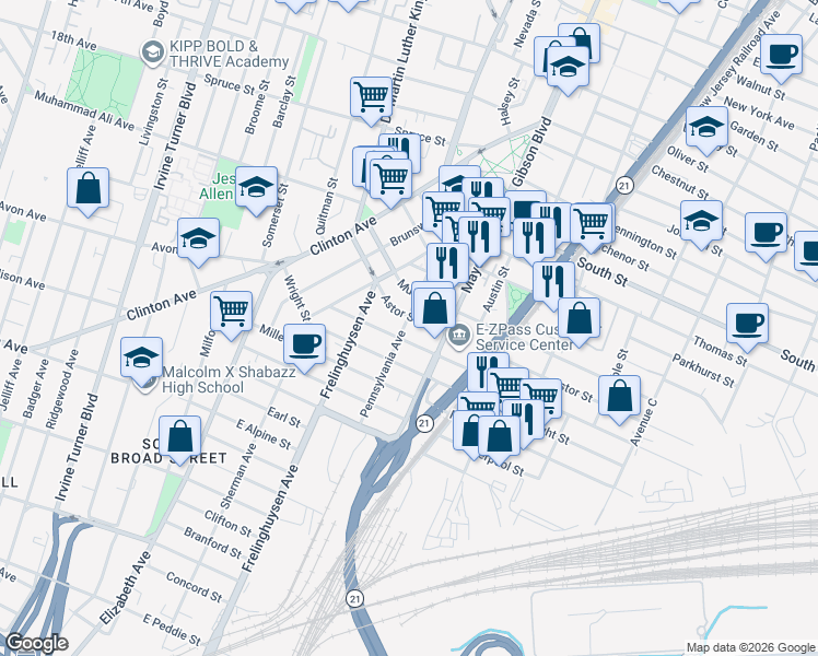 map of restaurants, bars, coffee shops, grocery stores, and more near 67 Astor Street in Newark
