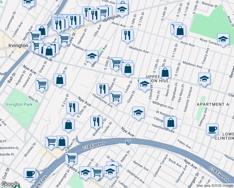 map of restaurants, bars, coffee shops, grocery stores, and more near in Newark
