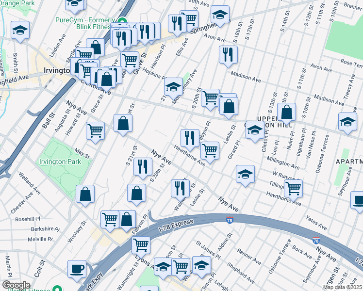 map of restaurants, bars, coffee shops, grocery stores, and more near 48-54 South 20th Street in Irvington