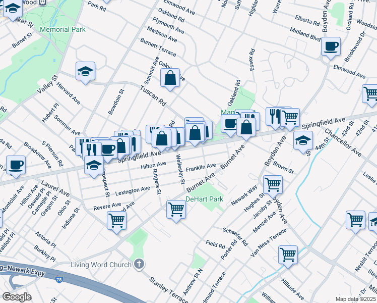 map of restaurants, bars, coffee shops, grocery stores, and more near 1730 Springfield Avenue in Maplewood