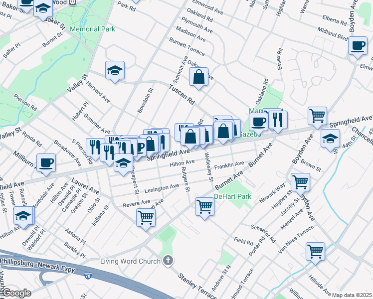 map of restaurants, bars, coffee shops, grocery stores, and more near 31 Colgate Road in Maplewood