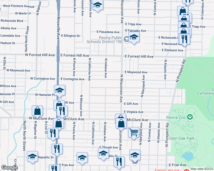 map of restaurants, bars, coffee shops, grocery stores, and more near 704 East Corrington Avenue in Peoria