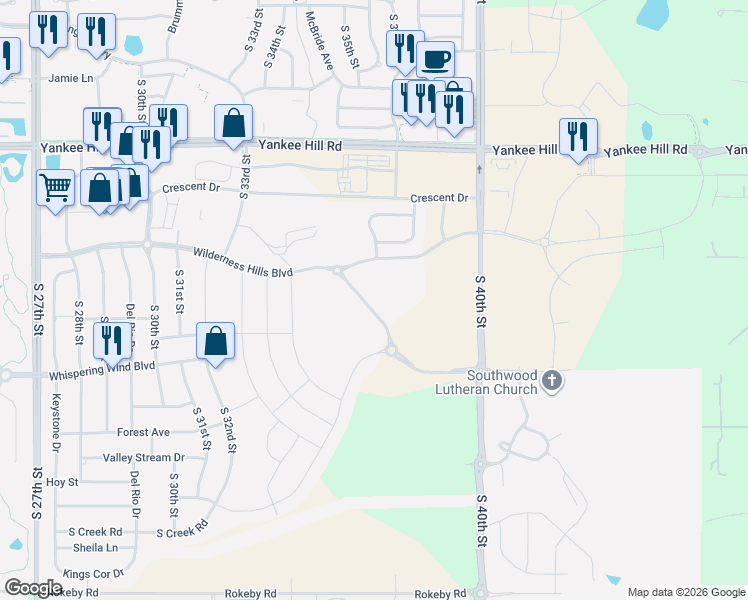 map of restaurants, bars, coffee shops, grocery stores, and more near 8875-9015 South 40th Street in Lincoln