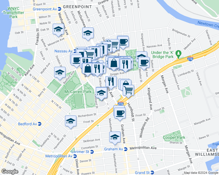 map of restaurants, bars, coffee shops, grocery stores, and more near 538 Graham Avenue in Brooklyn