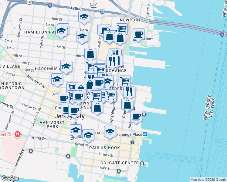 map of restaurants, bars, coffee shops, grocery stores, and more near 389 Washington Street in Jersey City