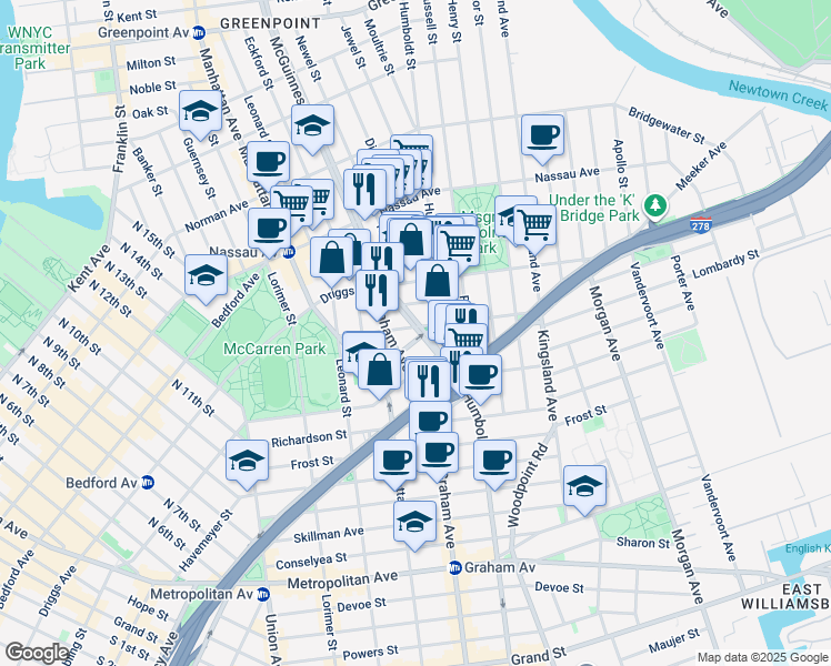 map of restaurants, bars, coffee shops, grocery stores, and more near 38 Broome Street in Brooklyn