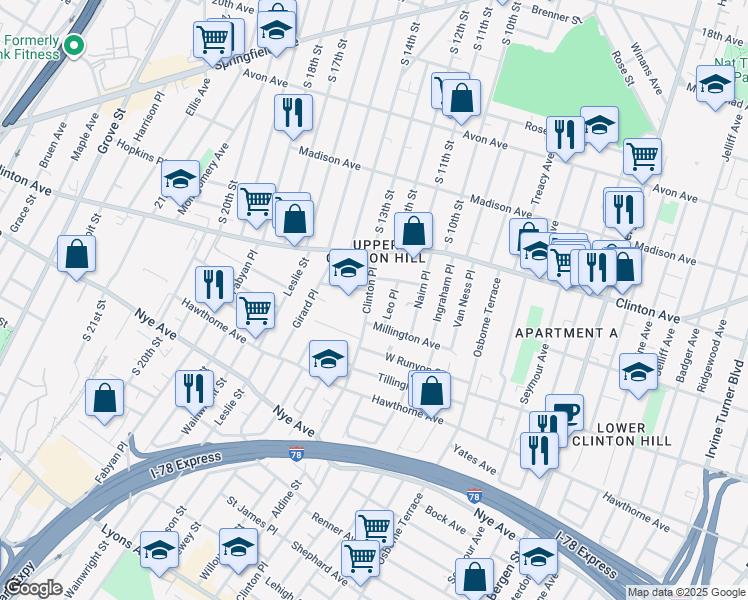 map of restaurants, bars, coffee shops, grocery stores, and more near 32 Vernon Avenue in Newark