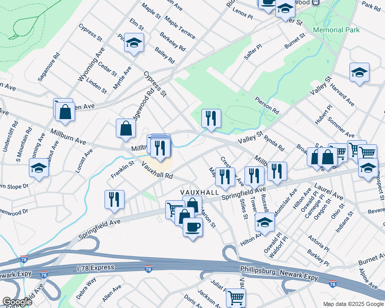 map of restaurants, bars, coffee shops, grocery stores, and more near 80 Millburn Avenue in Essex County