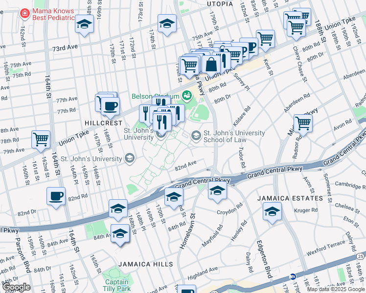 map of restaurants, bars, coffee shops, grocery stores, and more near 80-00 Utopia Parkway in Queens