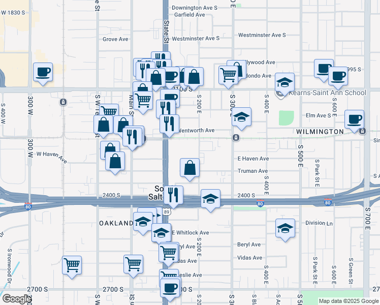 map of restaurants, bars, coffee shops, grocery stores, and more near 2265 State Street in Salt Lake City