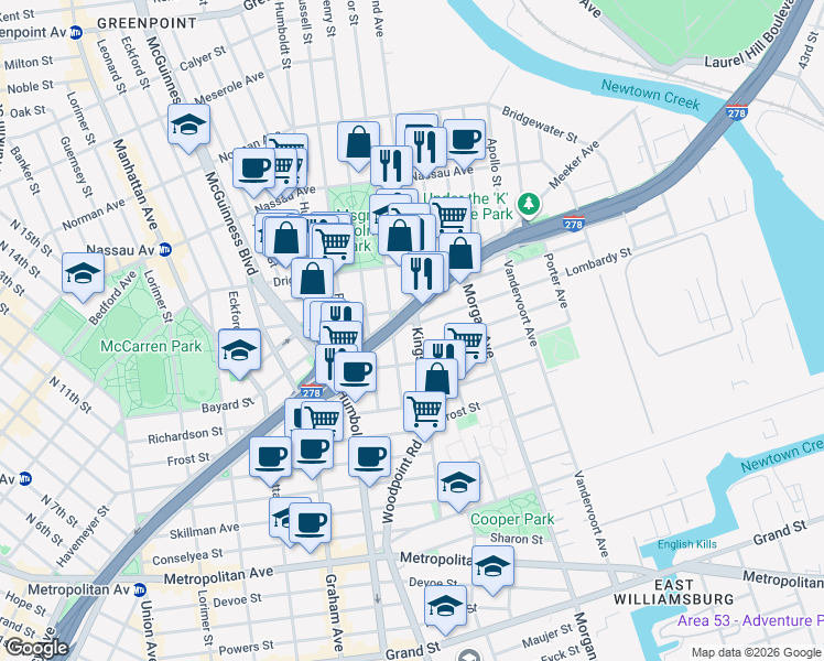 map of restaurants, bars, coffee shops, grocery stores, and more near 150 Kingsland Avenue in Brooklyn