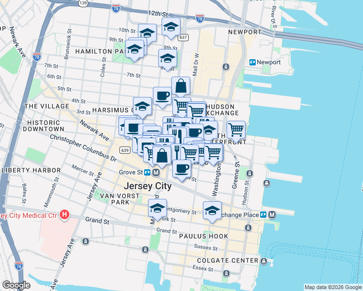 map of restaurants, bars, coffee shops, grocery stores, and more near 159 2nd Street in Jersey City