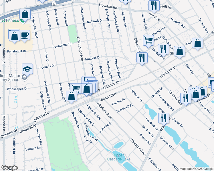 map of restaurants, bars, coffee shops, grocery stores, and more near 140 Orinoco Drive in Brightwaters