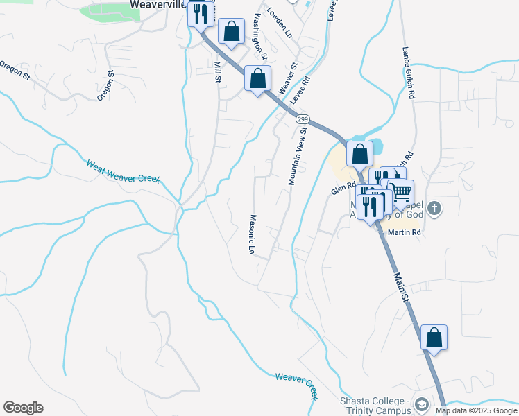 map of restaurants, bars, coffee shops, grocery stores, and more near 395 Masonic Lane in Weaverville