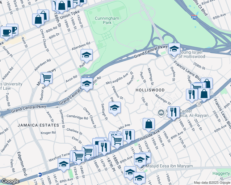 map of restaurants, bars, coffee shops, grocery stores, and more near Nero Avenue in Queens