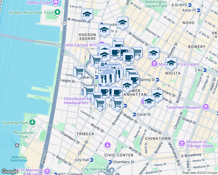 map of restaurants, bars, coffee shops, grocery stores, and more near 323 West Broadway in New York