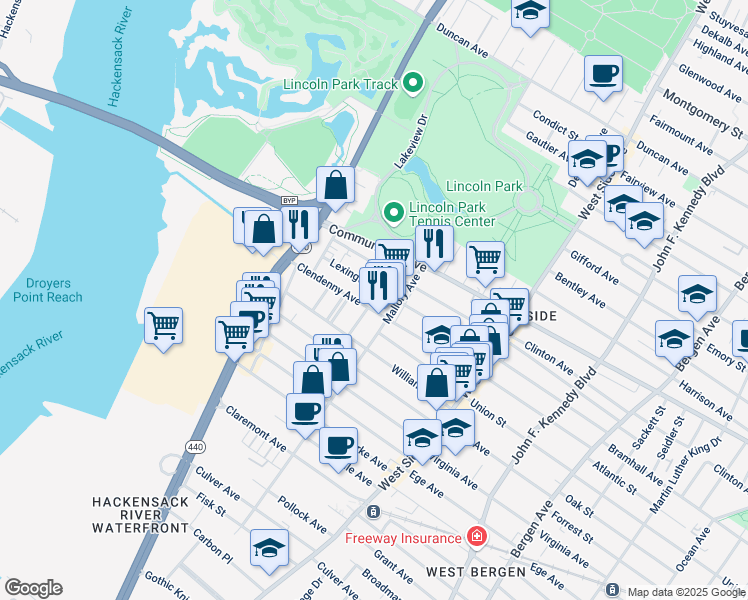 map of restaurants, bars, coffee shops, grocery stores, and more near 259 Lexington Avenue in Jersey City