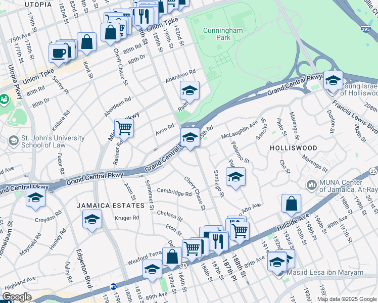 map of restaurants, bars, coffee shops, grocery stores, and more near 30 Grand Central Parkway in Queens