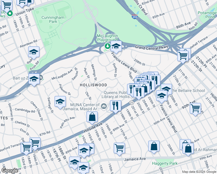 map of restaurants, bars, coffee shops, grocery stores, and more near 200-38 Pompeii Avenue in Queens