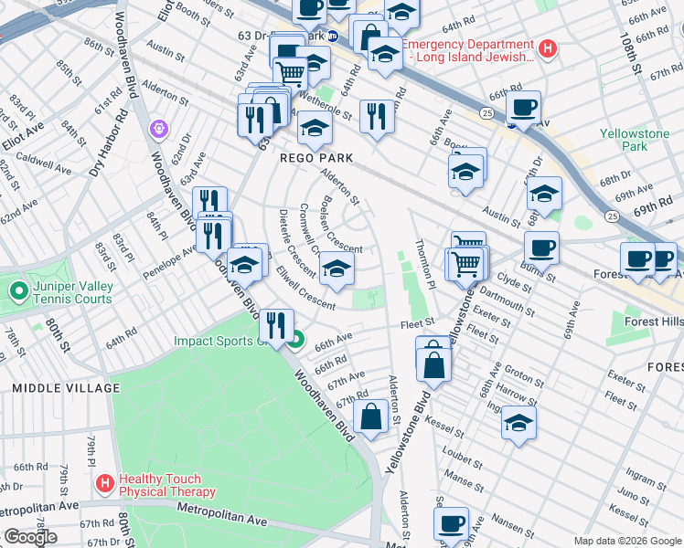 map of restaurants, bars, coffee shops, grocery stores, and more near 64-39 Cromwell Crescent in Queens