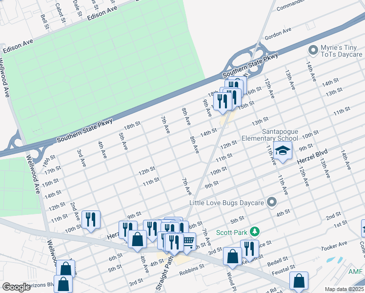 map of restaurants, bars, coffee shops, grocery stores, and more near 733 14th Street in West Babylon