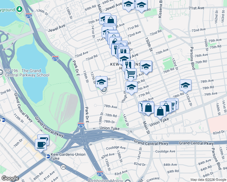 map of restaurants, bars, coffee shops, grocery stores, and more near 138-47 77th Avenue in Queens
